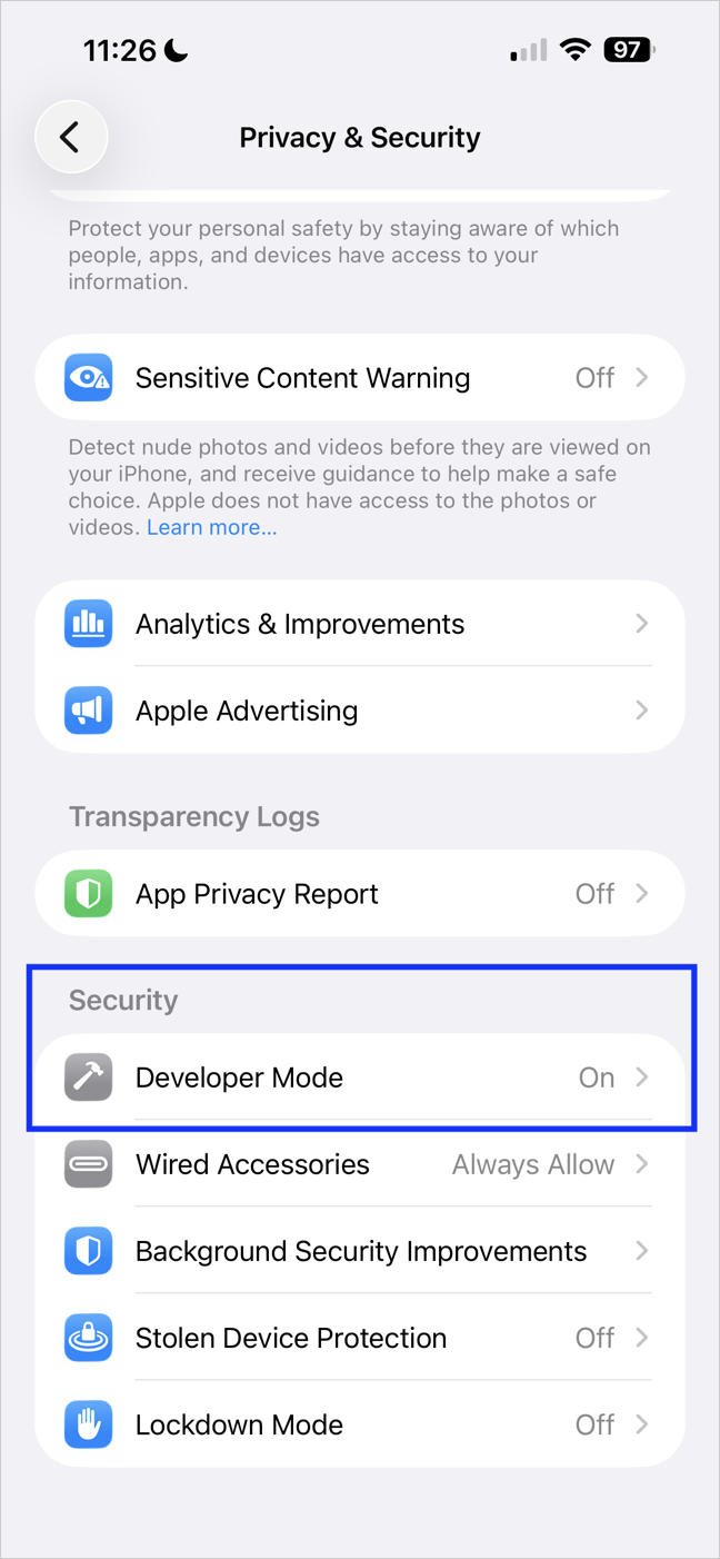 Finding Developer Mode in iOS Settings