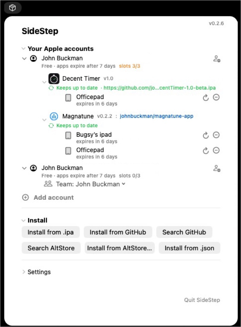 SideStep's menu-bar panel on macOS