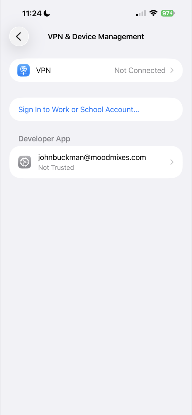 The Developer App shown as Not Trusted