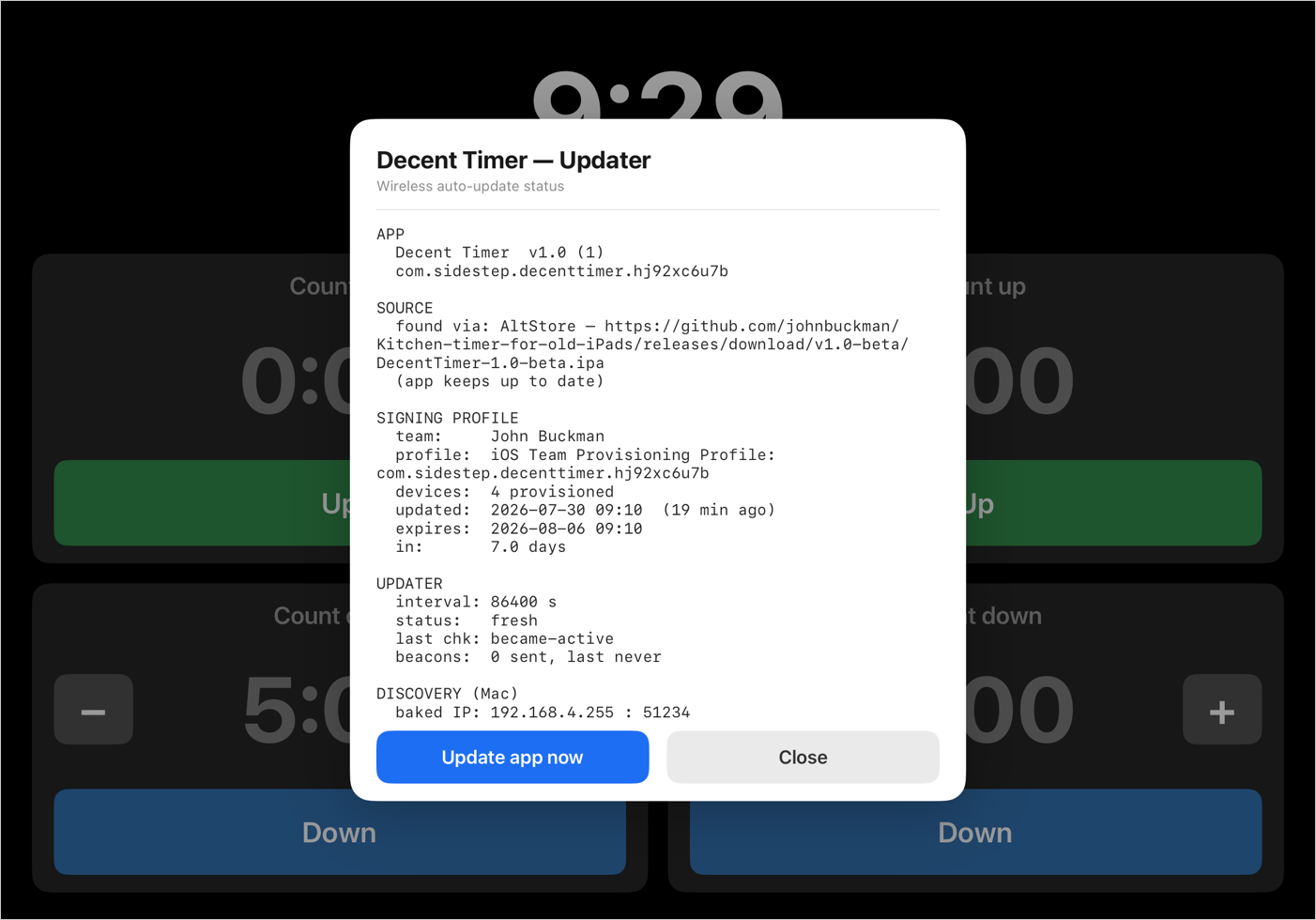 The two-finger status panel inside a sideloaded app