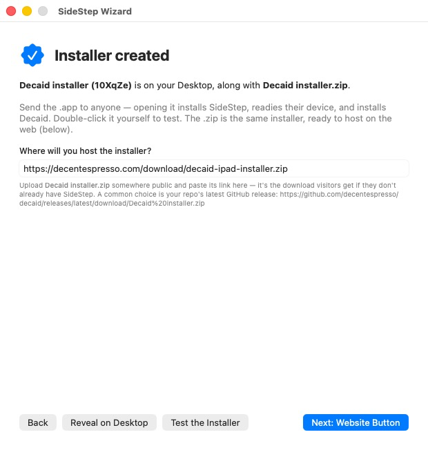 The wizard's second screen: 'Installer created', showing the installer and its .zip are on the Desktop, and a field asking where you'll host the installer.