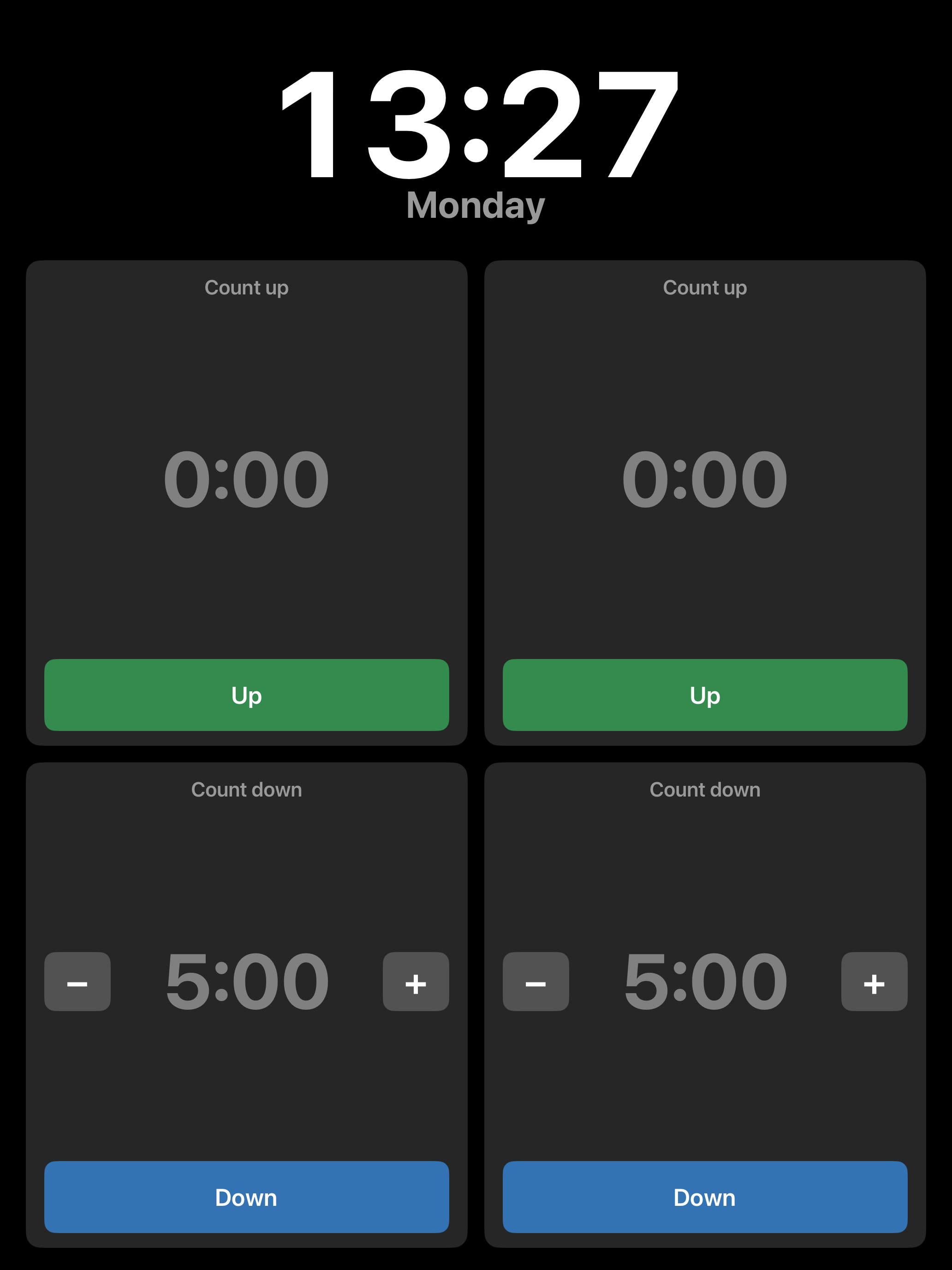 Decent Timer main screen: clock and 2x2 timer grid