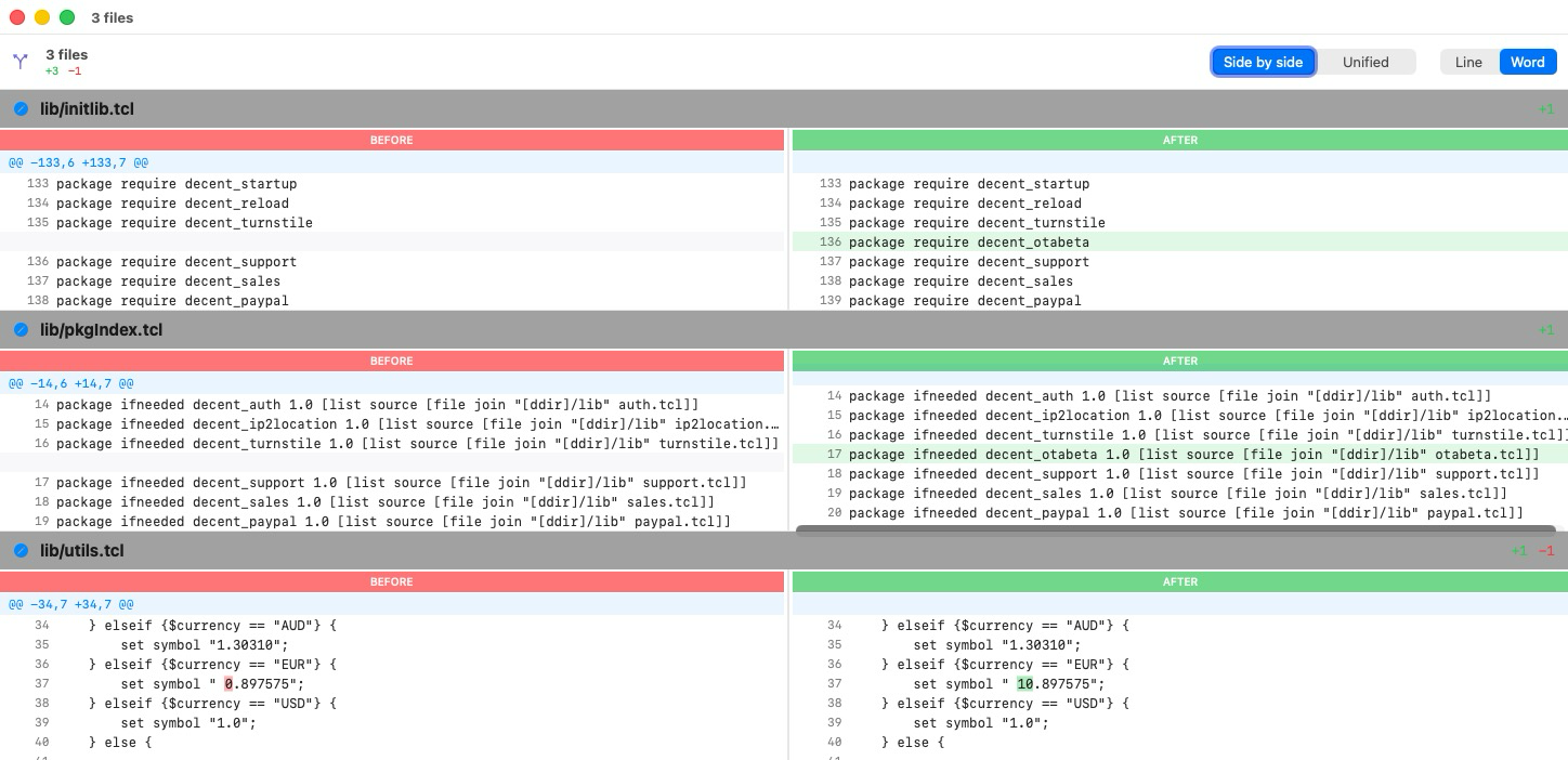 MacCVS diff window: side-by-side diff of changed files