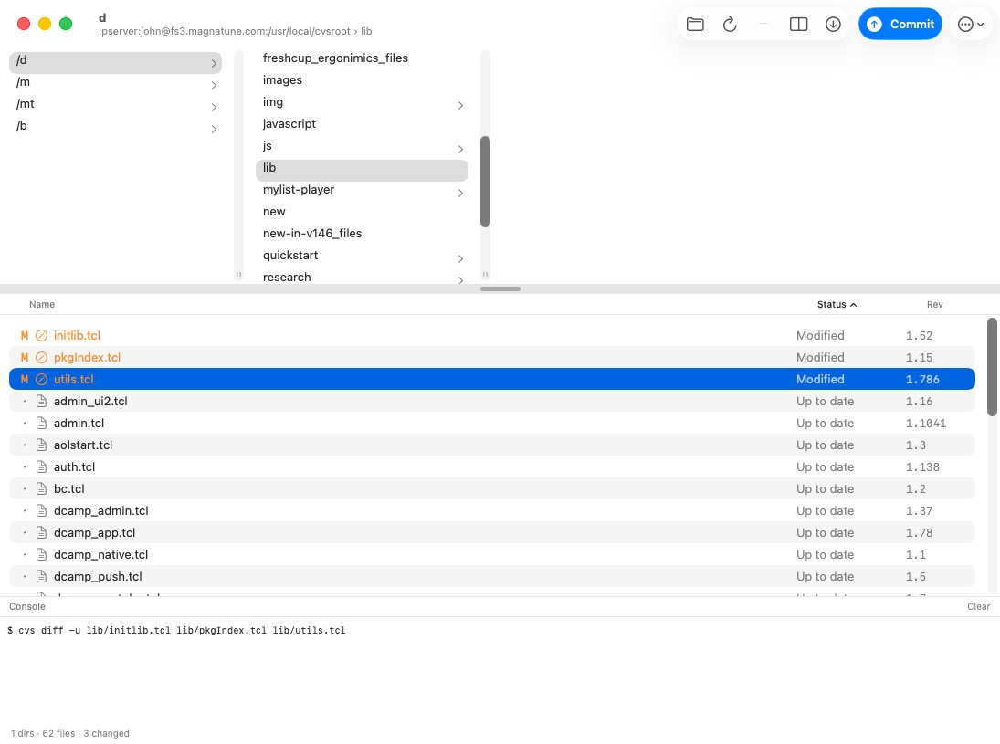 MacCVS main window: repository file browser with CVS status and revisions