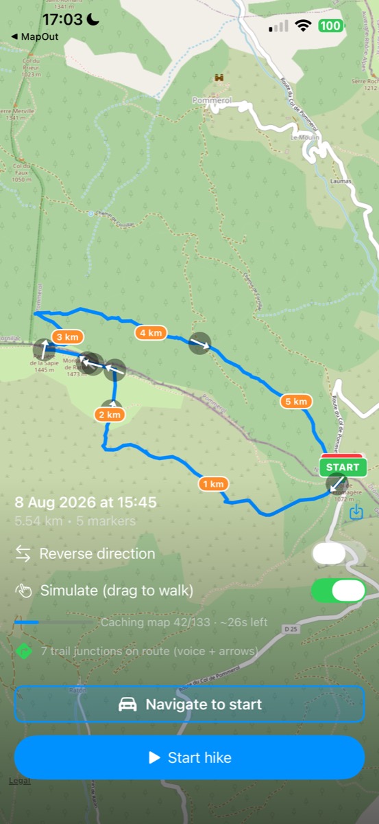Stay on Track following a hike near Pommerol, France — route, km markers, junction arrows, START marker and controls